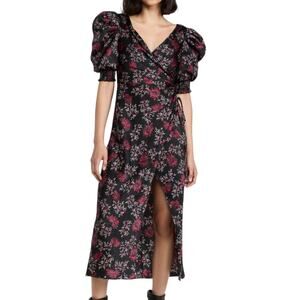 Cinq à Sept Kacy Midi Dress Floral Faux Wrap Silky Black Pink NWT Size 2